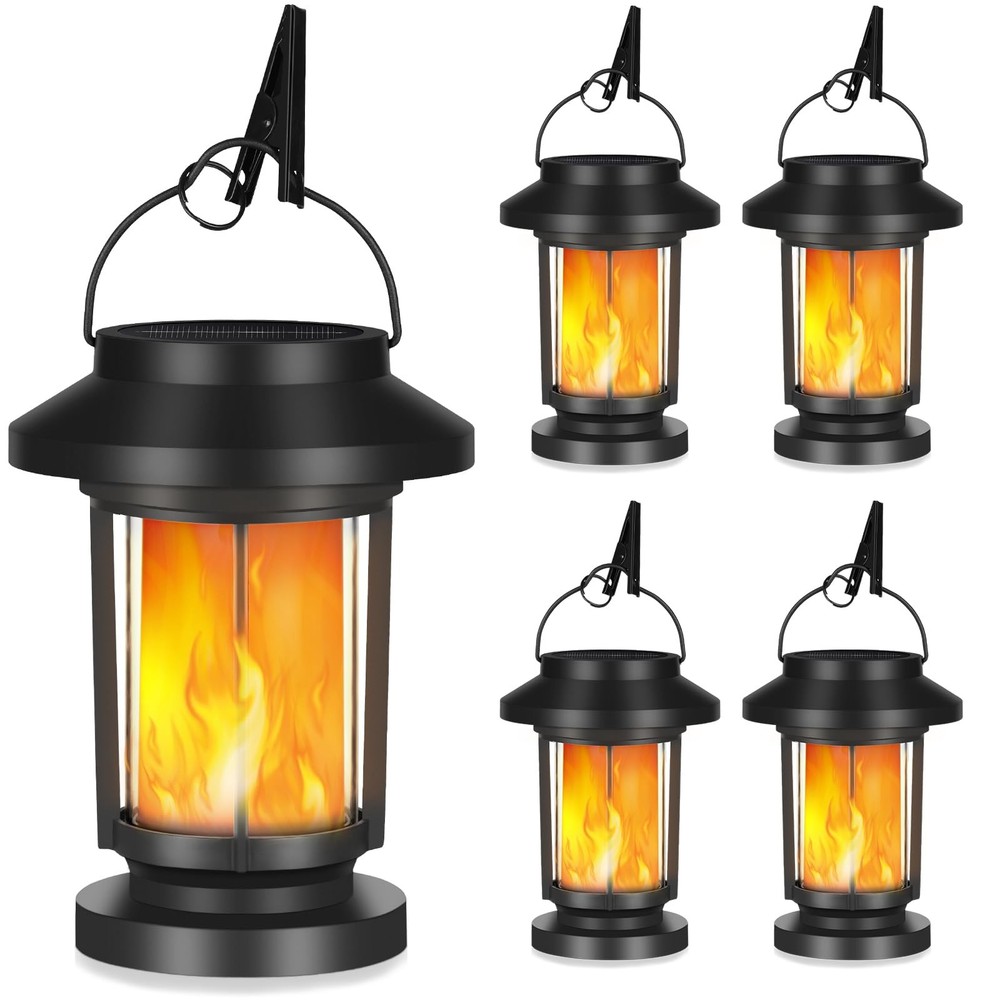 Derynome Solar Lantern Outdoor Lights, 4 Pack Upgraded Flickering Black