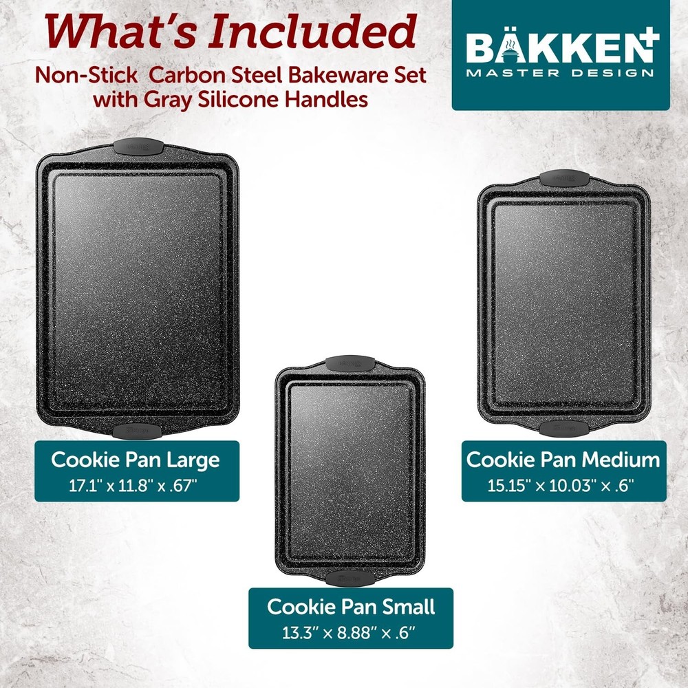 BAKKEN Cookie Sheets for Baking Nonstick Set - 3-Piece Stackable Carbon Steel...
