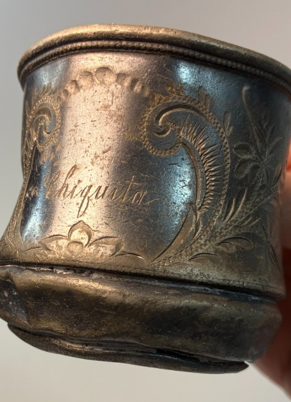 Vintage CHIQUITA GIRL BABY CUP Spanish Victorian Engraved Metal Silverplate READ