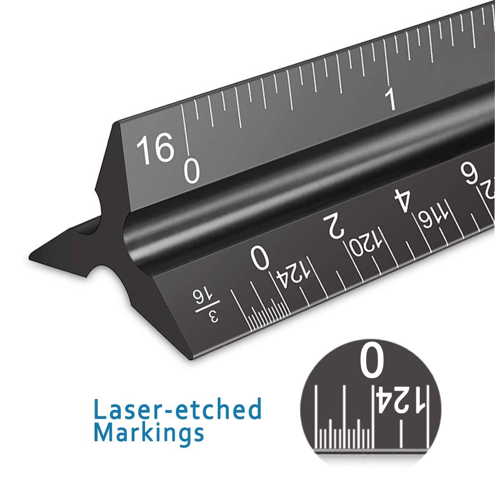 2PCS Aluminum Architectural Scale - 12" Triangular Ruler, Black