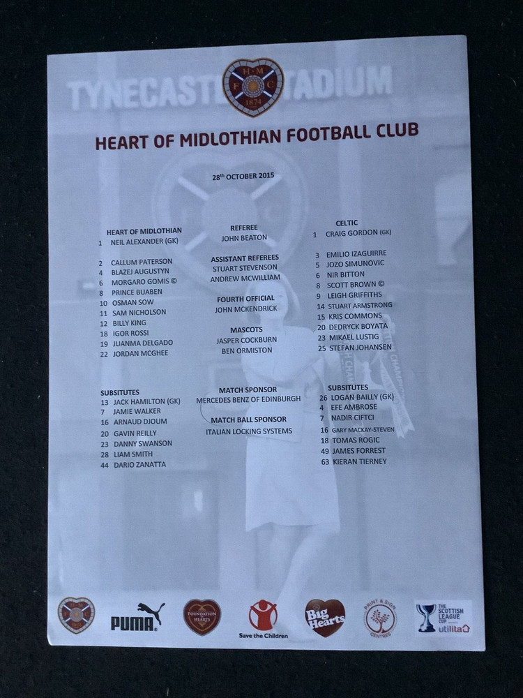 2015/16 Hearts v Celtic League Cup teamsheet