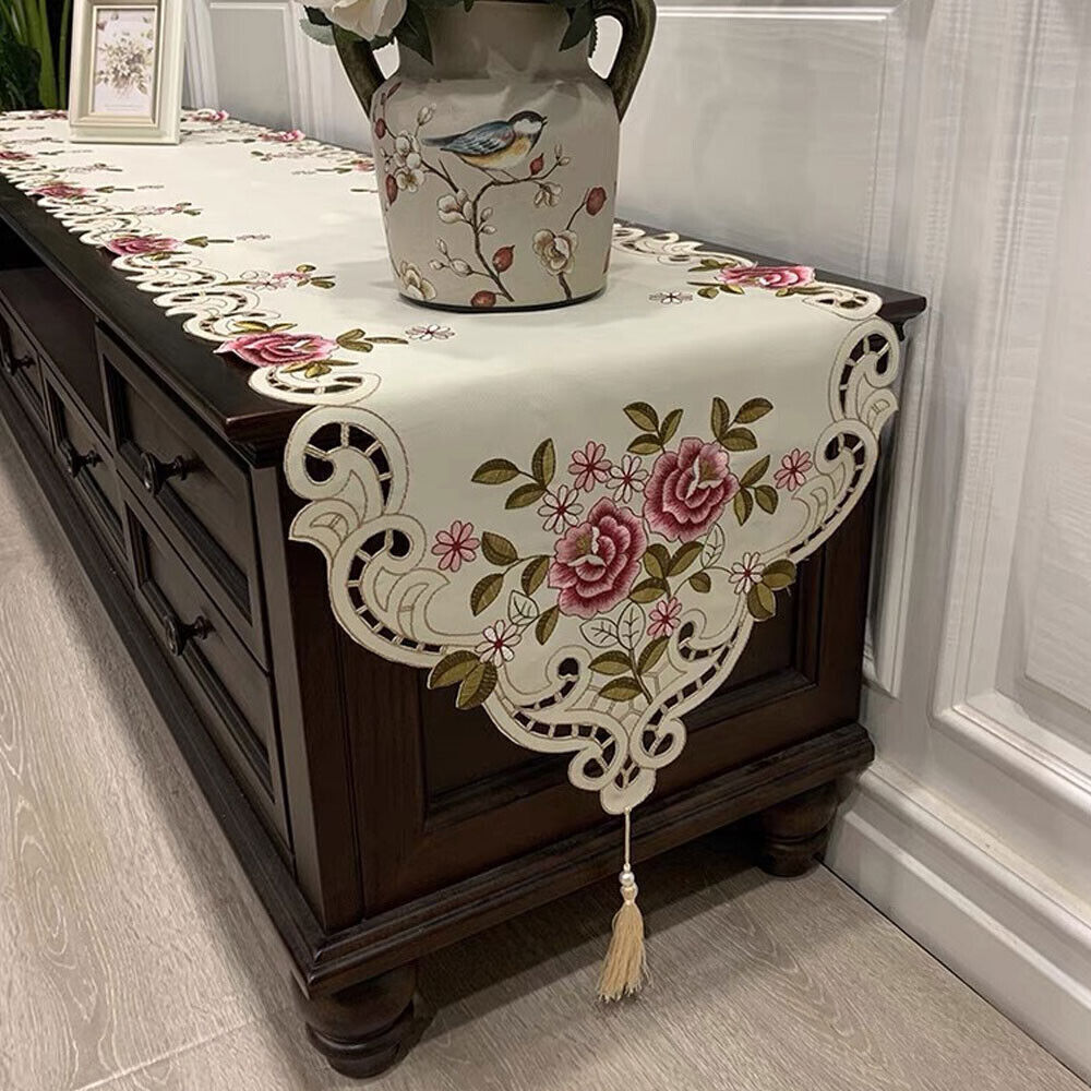 Vintage Embroidered Lace Table Runner Doilies Dresser Scarf Wedding Party Decor