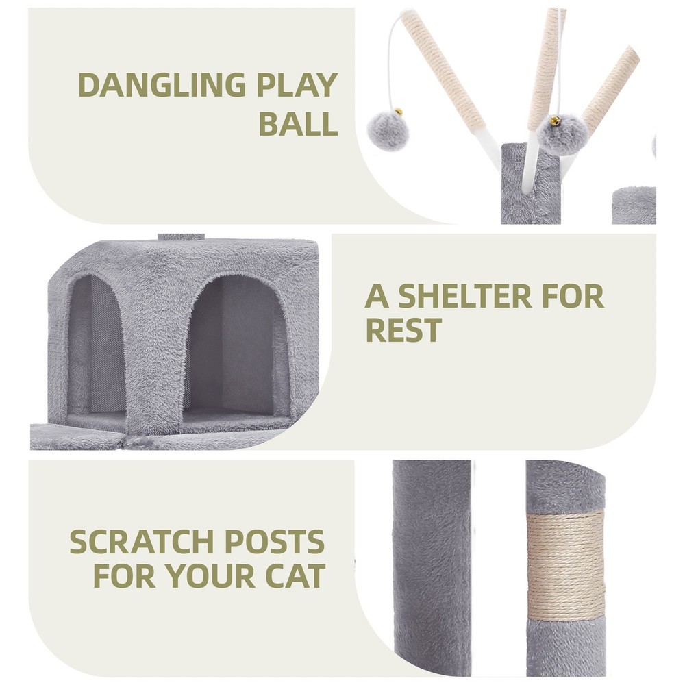 44" Cat Tree Tower, with Scratch Posts, Condo, Hammock, Toys, Light Gray
