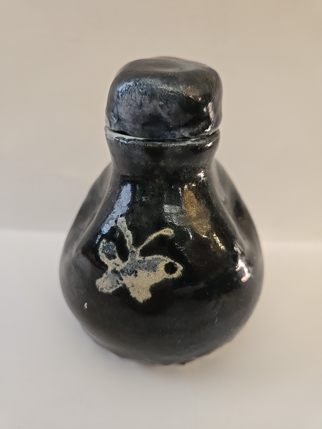 Vintage Japanese Sake Bottle with Lid, Stoneware Pottery