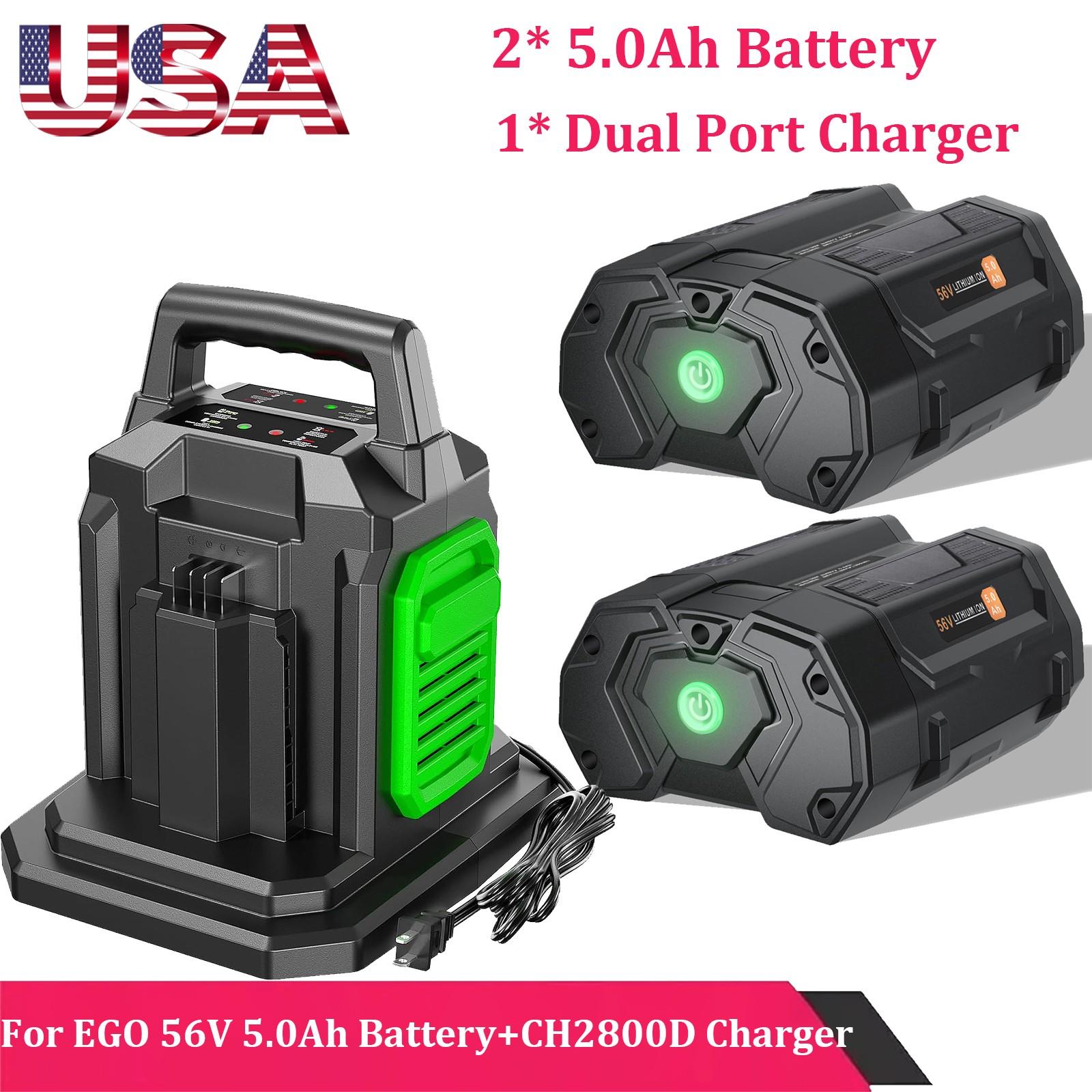 2x 56V 5.0Ah Battery+Rapid CH2800D Charger For EGO Power+56Volt BA2800 BA4200T