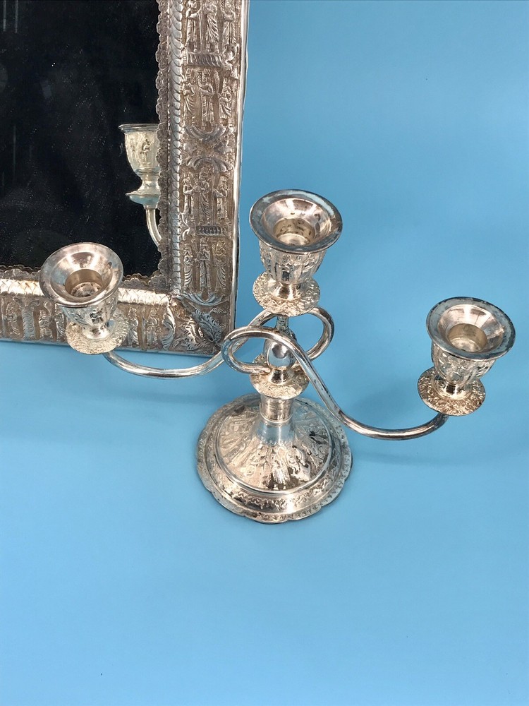 Middle Eastern,carved set Candlestick & Sheet Mirror 84 SOLID Silver 2800 grams