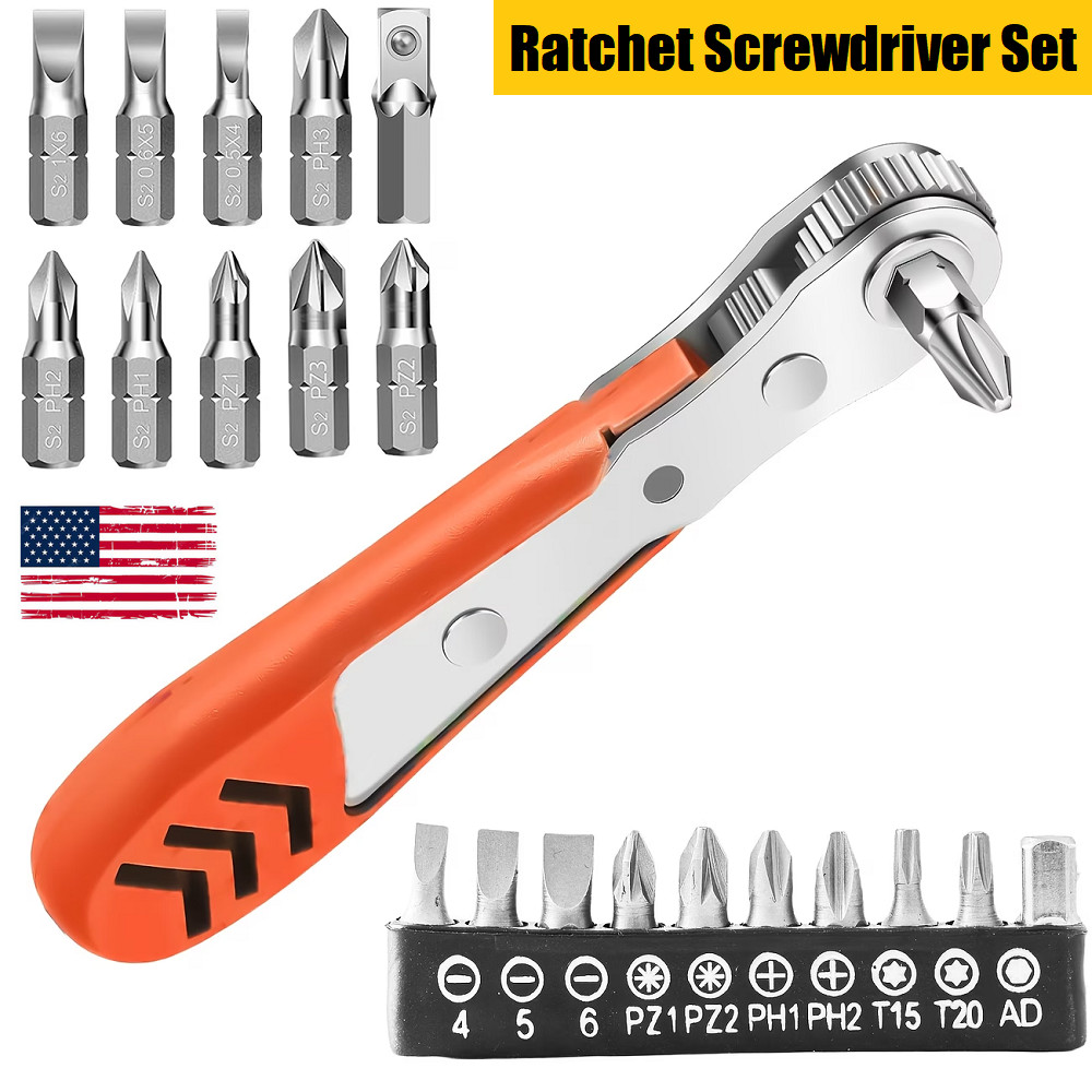 Ratcheting Right Angle Screwdriver Hex Drive 90 Degree Offset + 10pc Bits Set US