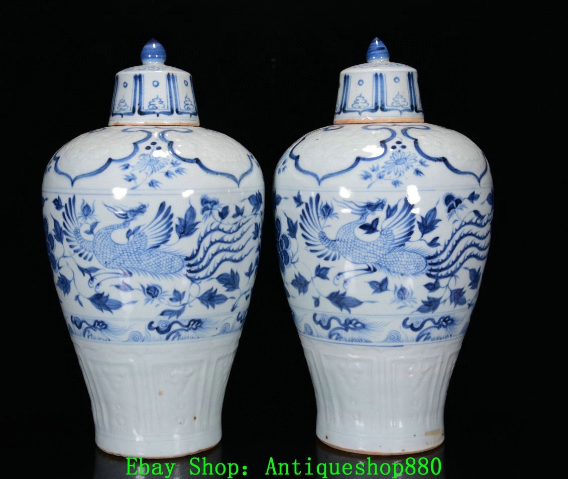 15''Yuan Dynasty Blue White Porcelain Phoenix Peony Flower Bottle Vase Pair