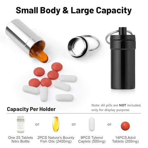 Keychain Pill Holder for Nitroglycerin, 2 Pack Mini Waterproof Black + Silver