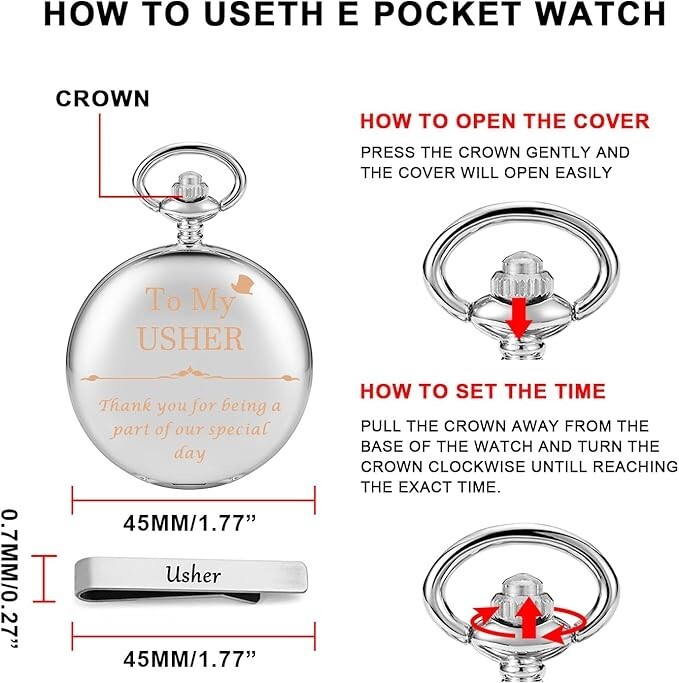 Engraved Wedding Pocket Watch Silver Tie Clips Wedding Keepsake Presents