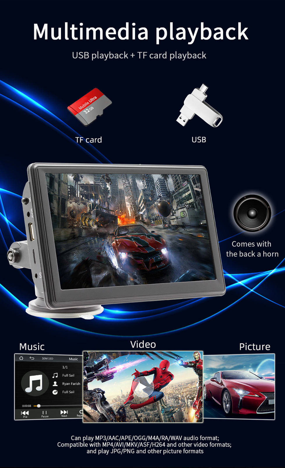 7" Wireless WiFi Android Auto/iPhone MirrorLink BT Portable Carplay Navigation