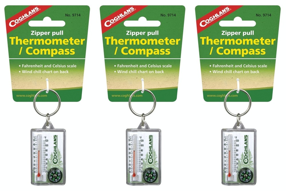Coghlan's Zipper Pull Thermometer/Compass, ℃ & ℉ (3-Pack)