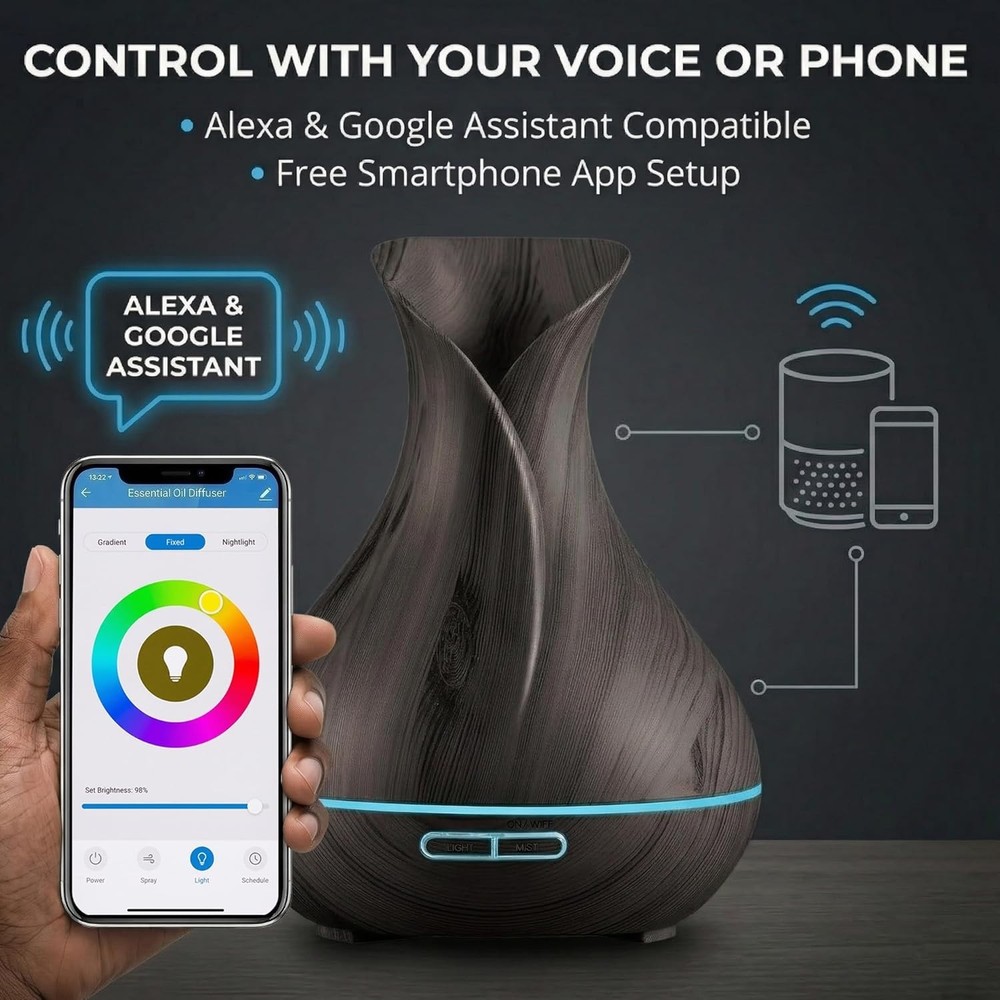 400ml Ultrasonic Smart Diffuser with App & Voice Control - Dark Brown Design