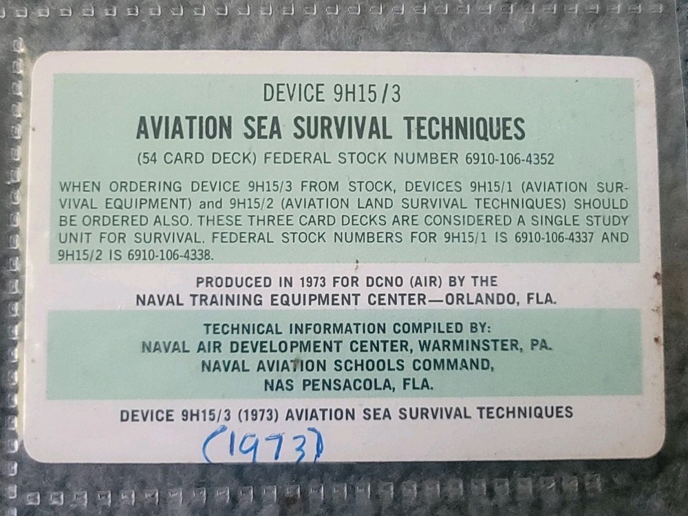 1973 AVIATION SEA SURVIVAL TECHNIQUES NAVAL TRAINING EQUIPMENT (SET)