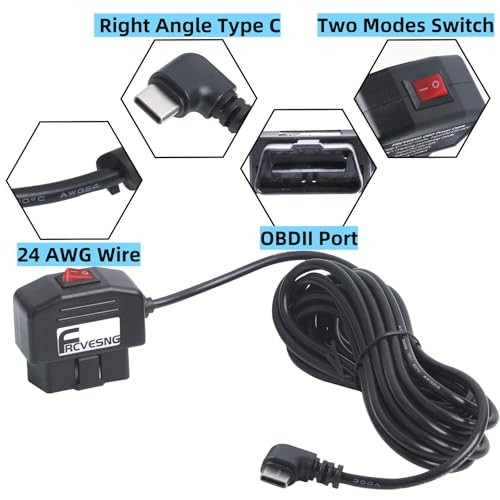OBD Power Cable for Dash Camera, OBD to Type C Dash Cam Hardwire Red Button