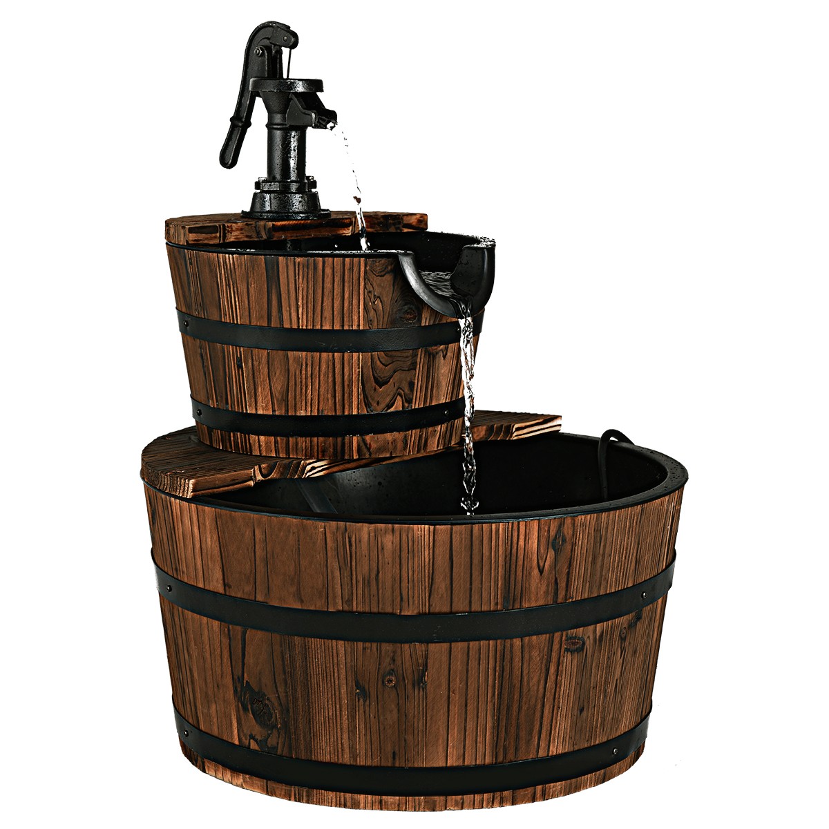 2 Tier Barrel Waterfall Fountain Barrel Wooden Water Fountain Pump Garden Patio