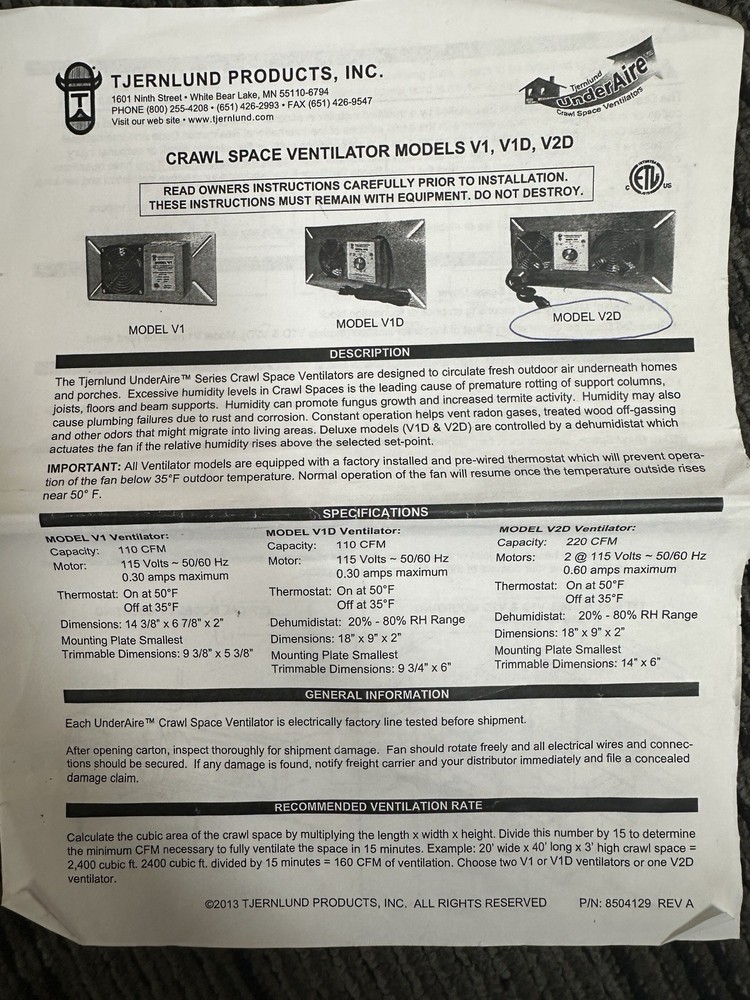 Tjernlund UnderAire V2D Crawl Space Ventilator Fan
