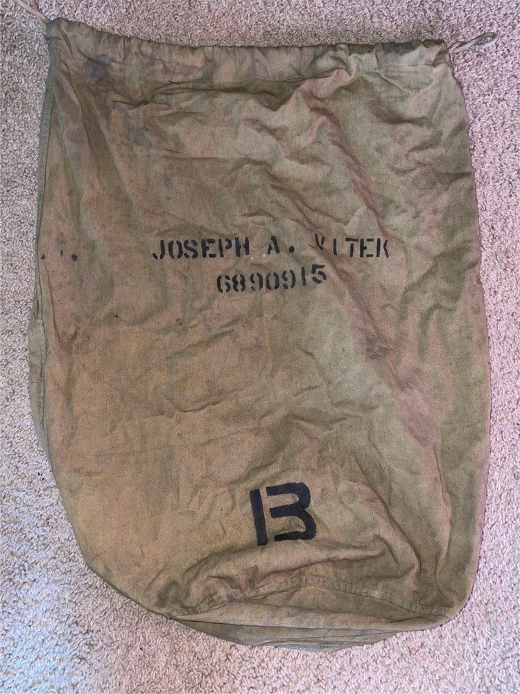 VTG 40S WWII OLIVE GREEN CANVAS MILITARY ARMY LAUNDRY DUFFLE BARRACKS BAG