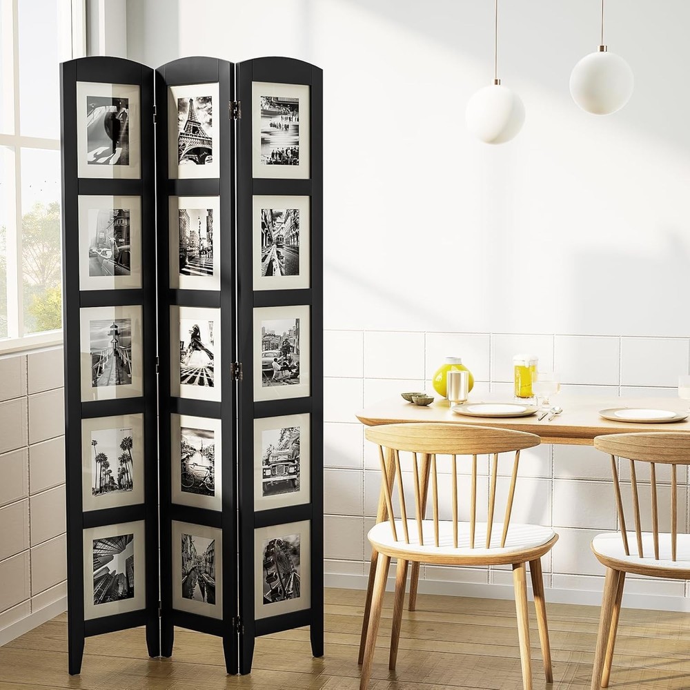 Three-panel photo screen, solid wood partition, black.
