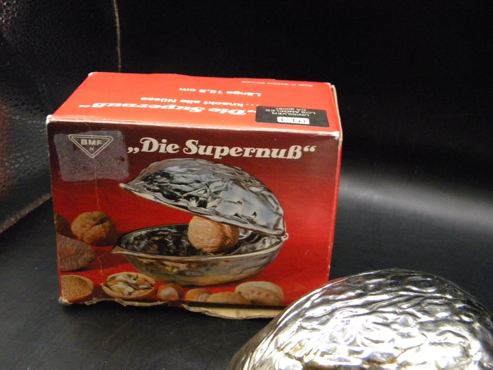 Vintage BMF Die Supernuß Metal Nutcracker w/ Box Germany Walnut Shell Shape