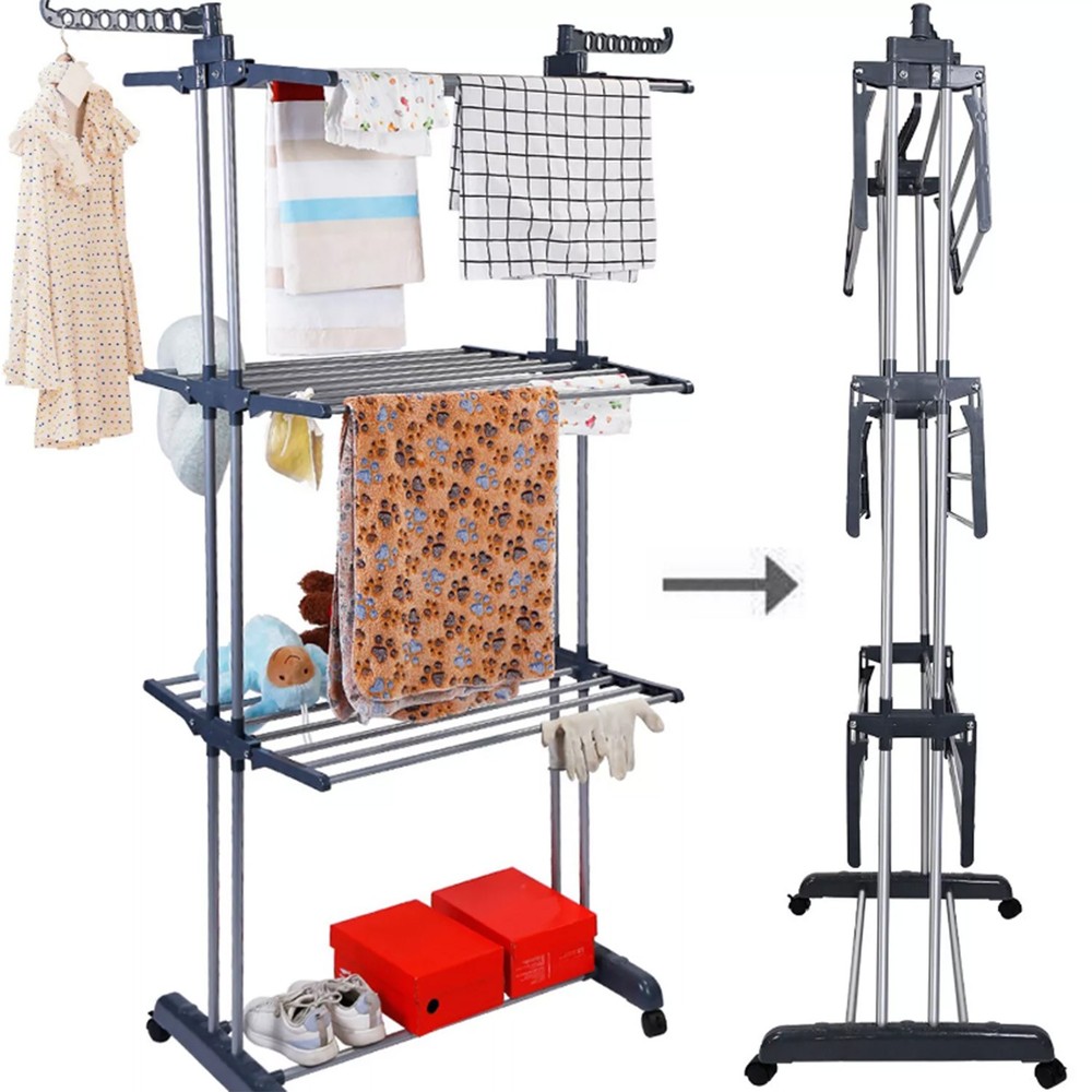 3 Tier Laundry Organizer Folding Drying Rack Clothes Rolling Hanger Stand Holder