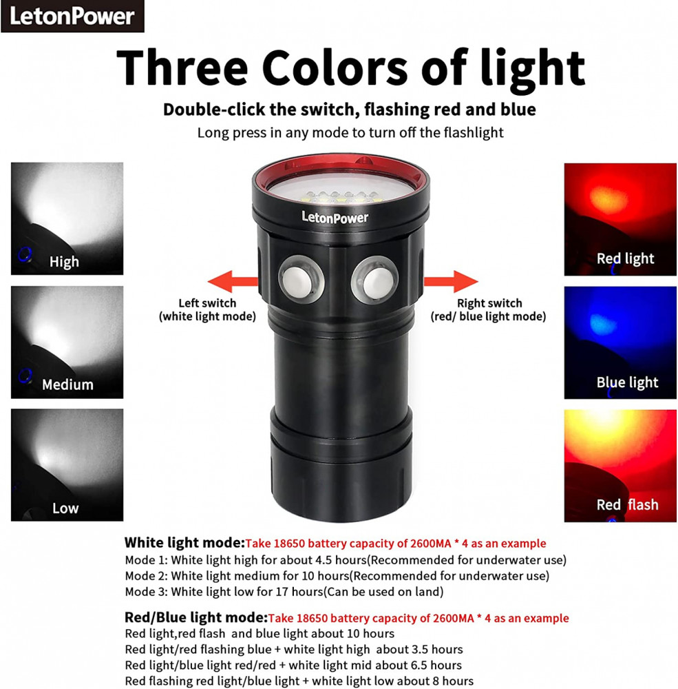 LetonPower Diving Flashlight 22800Lumens Super Bright Light White,red