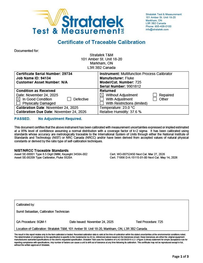 Fluke 725 Multifunction Process Calibrator - NIST Calibrated with Data