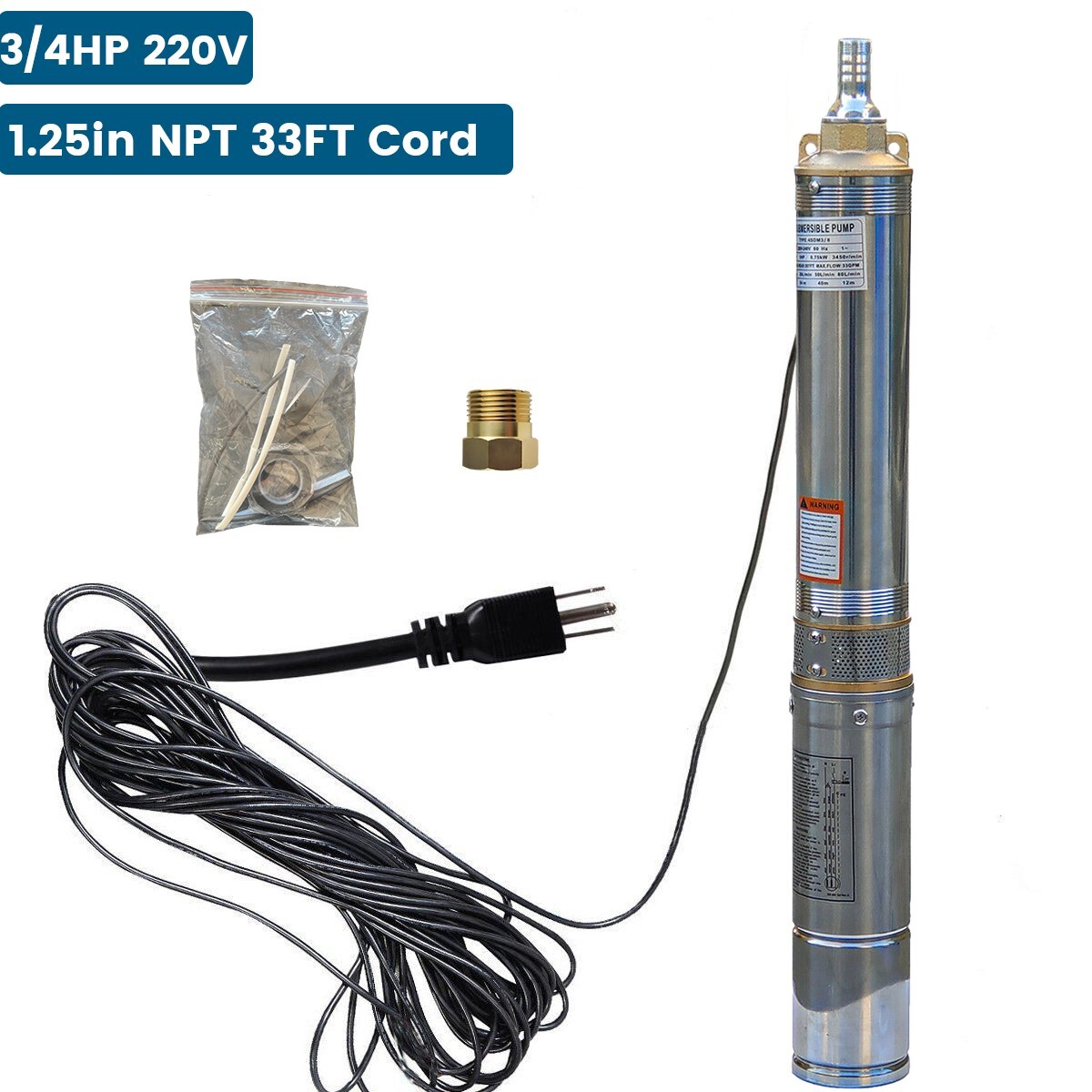 3/4 HP 3" Deep Well Submersible Pump, 220V, 13 GPM, 247 ft MAX,60Hz, 1.25 in NPT