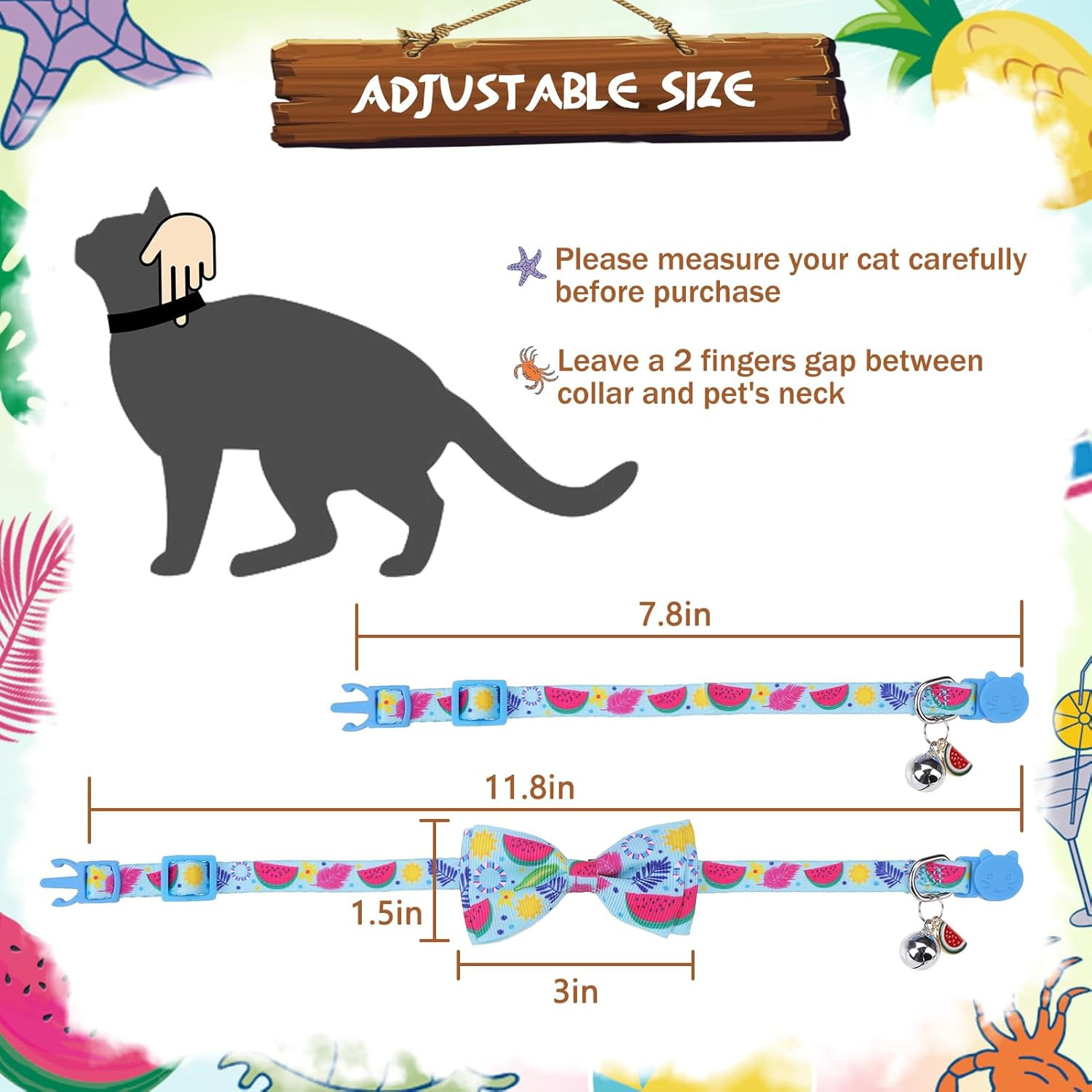 Summer Bow Tie Cat Collar with Bell - Breakaway Safety 3-Pack, Adjustable Bowtie