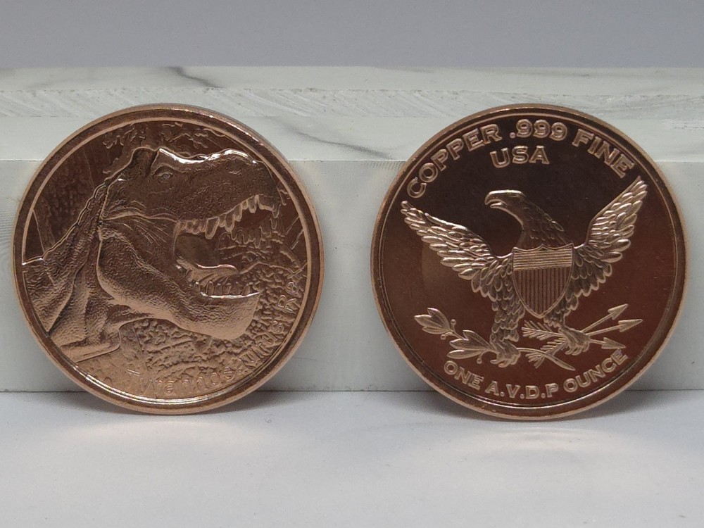 1 Oz. Solid .999 Fine Copper Round - Dinosaur Design