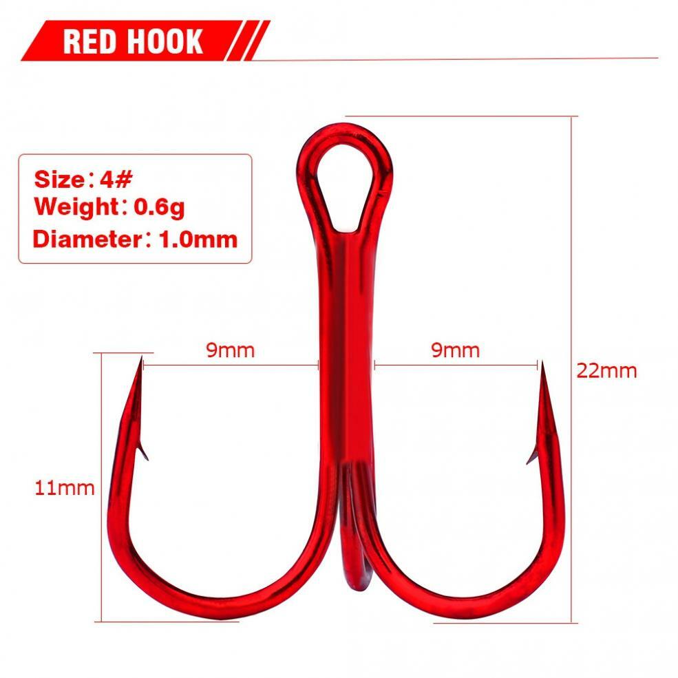 100PCS Red Treble Hooks High Carbon Steel Sharp &Round Bend Size #2-#12