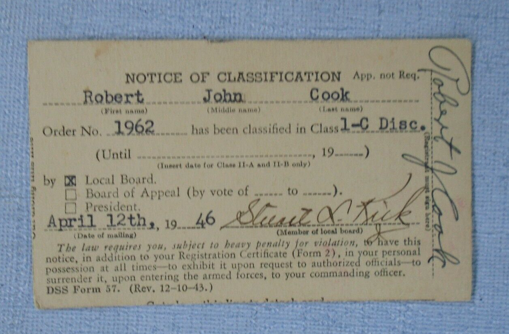US Selective Service 1946 "draft card"