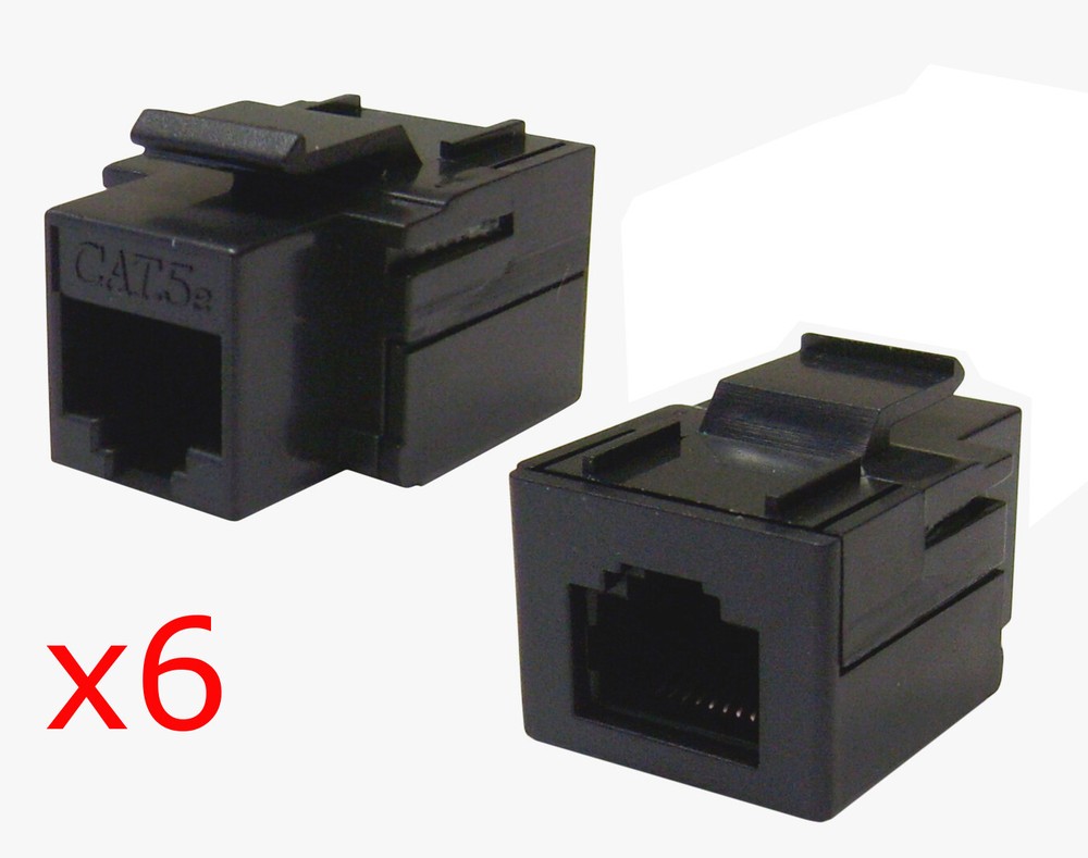 6 Pack - CAT5e Inline Coupler Keystone RJ45 Female Snap-In Jack Insert - Black