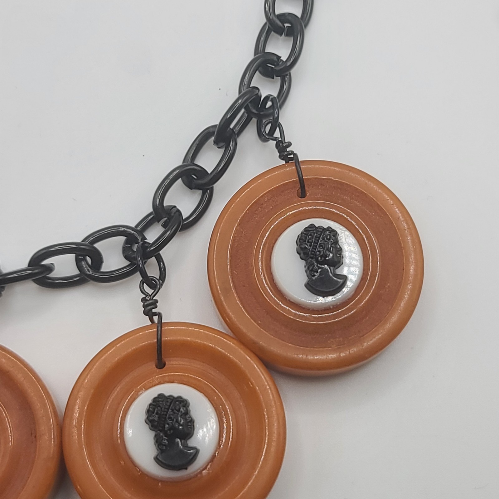 Vintage Bakelite Necklace Cameo Disc Butterscotch Black READ 24"