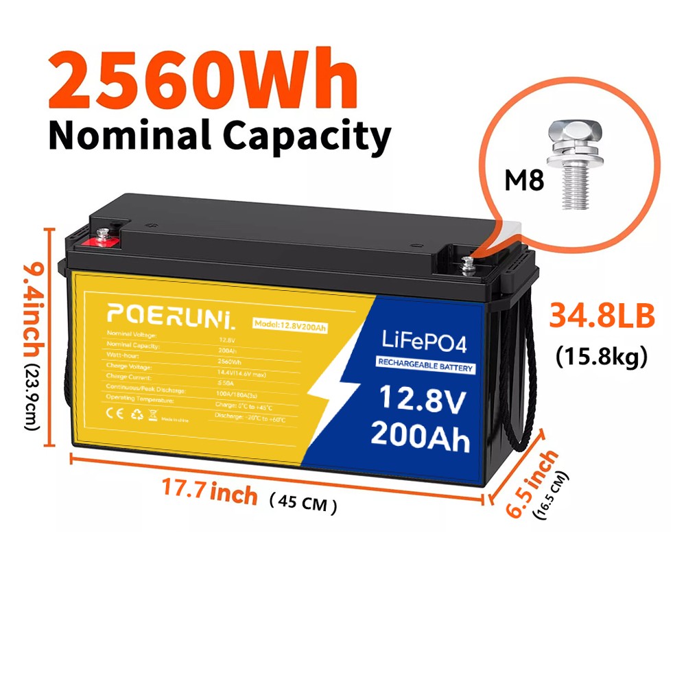 NEW 12V 200AH LiFePO4 Lithium Battery 2560W Deep Cycle BMS for Solar RV Off-grid
