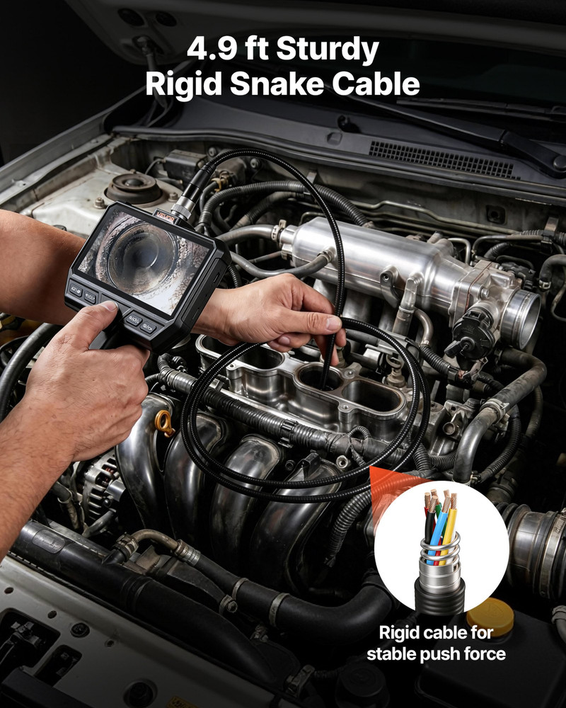 Triple Lens Endoscope 4.9FT Cable 5" Screen Borescope Camera IP67 w/ Light