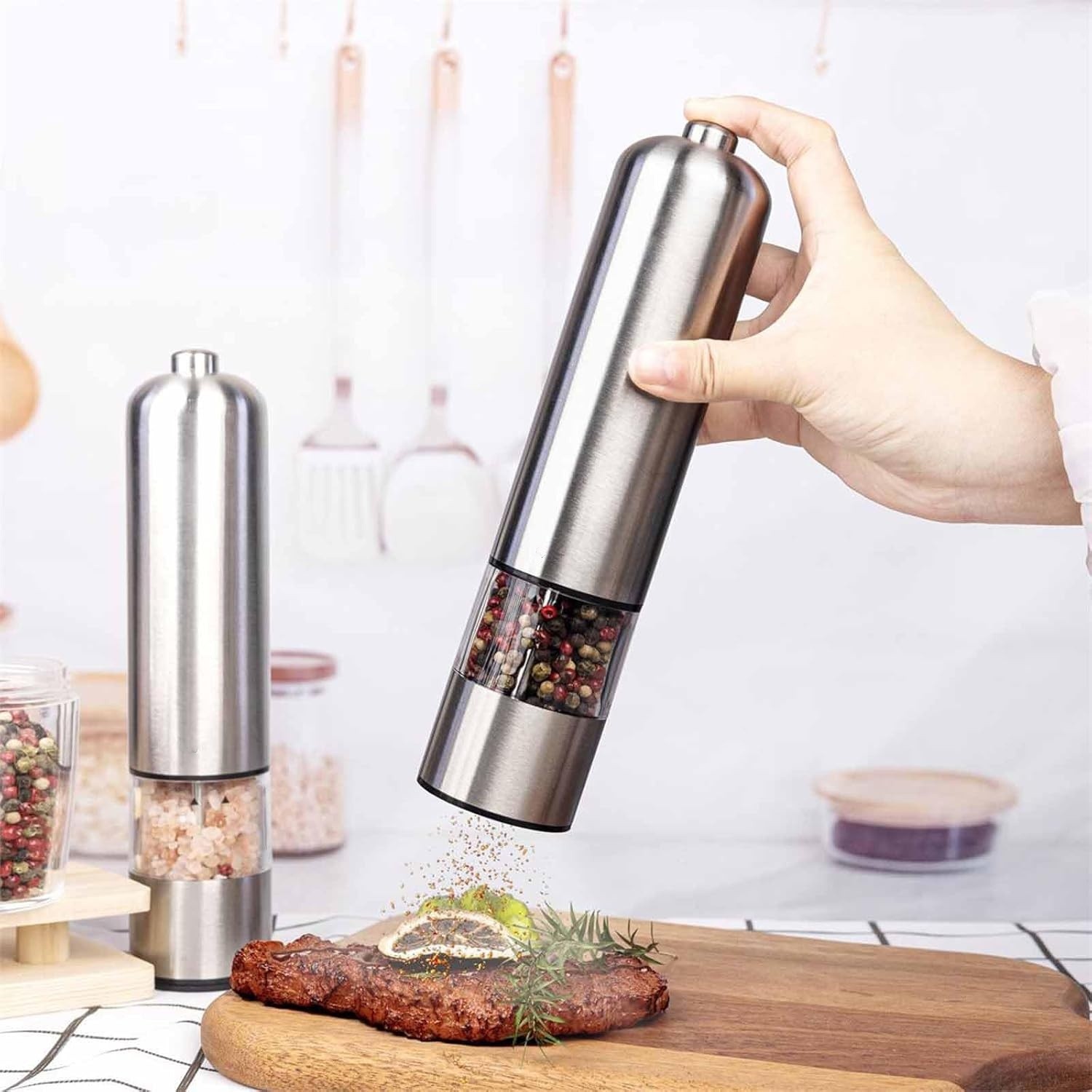 2x Electric Pepper Mill Salt And Pepper Grinder Stainless Steel One Touch Button