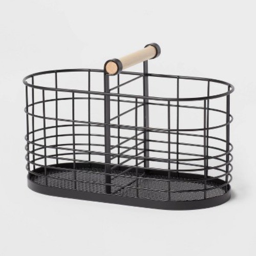 Divided Wire Basket with Wood Handle Black - Brightroom: Storage &