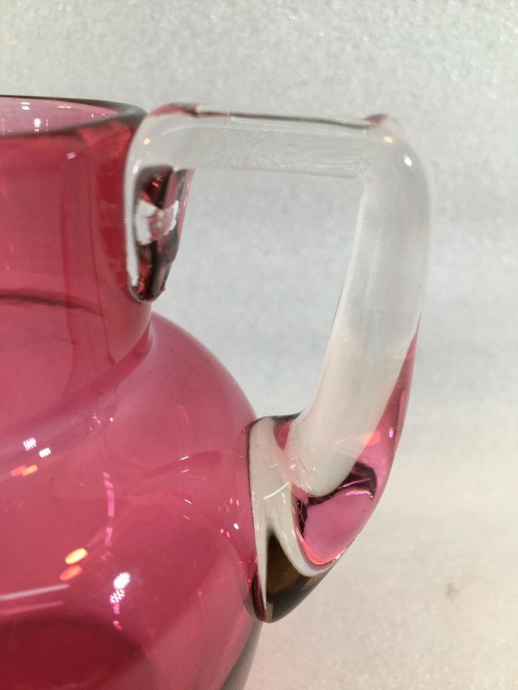 5" Hand Blown Cranberry Pitcher w/Applied Clear Glass Handle