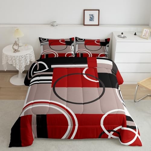 Modern Red Grey Black Stripes Comforter Set Geometric Down King Multi 270
