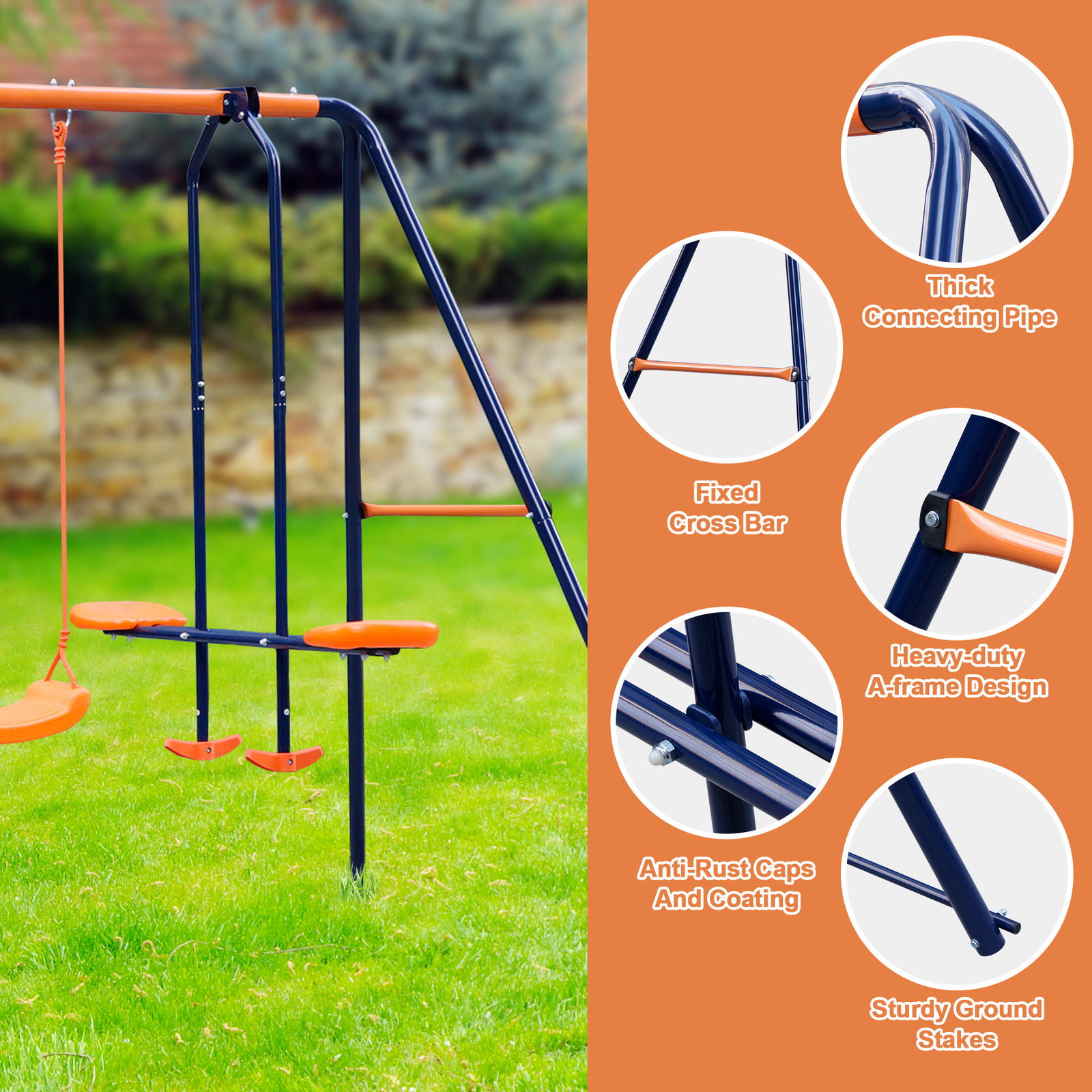 Double Kids Play Swing Set w/ 2 Seats & 1 Glider for Outdoor Backyard Heavy-Duty
