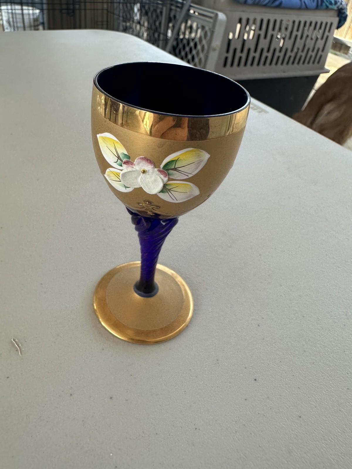 Antique Bohemian Moser Cobalt Blue Enamel Flowers Decanter & 6 Glasses Set