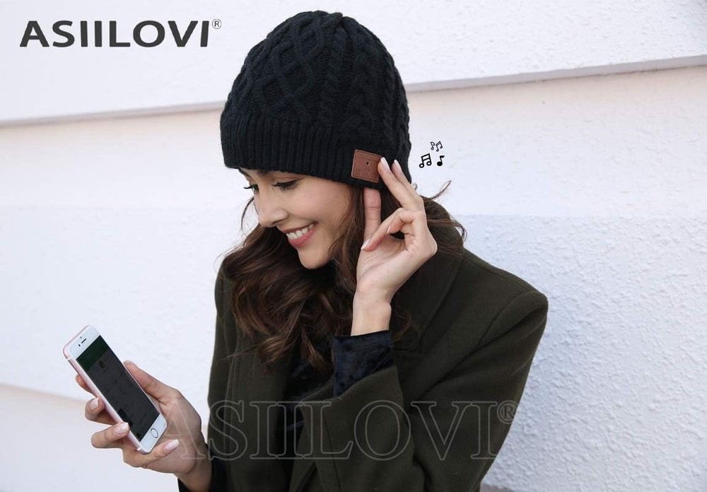 ASIILOVI Bluetooth Beanie, Double-Layer Wool Lining Bluetooth Hat Black