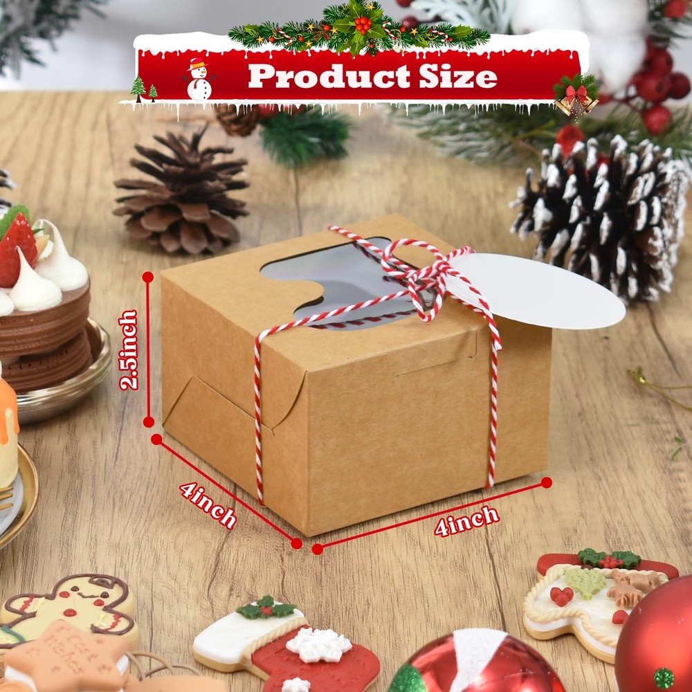 COTOPHER 18Pcs Christmas Cookie Boxes with Window 4x4x2.5 inch Brown Bakery
