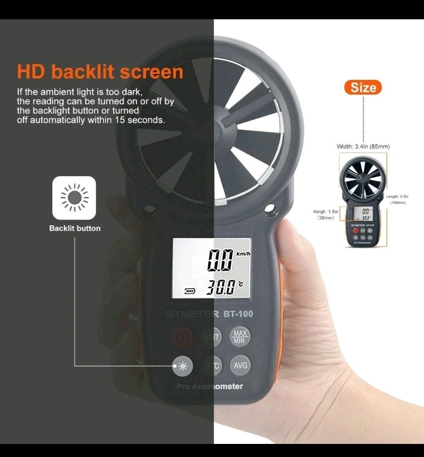 BTMETER BT-100 • Digital Handheld Pro Anemometer • 0.3-30m/s Wind Speed Range
