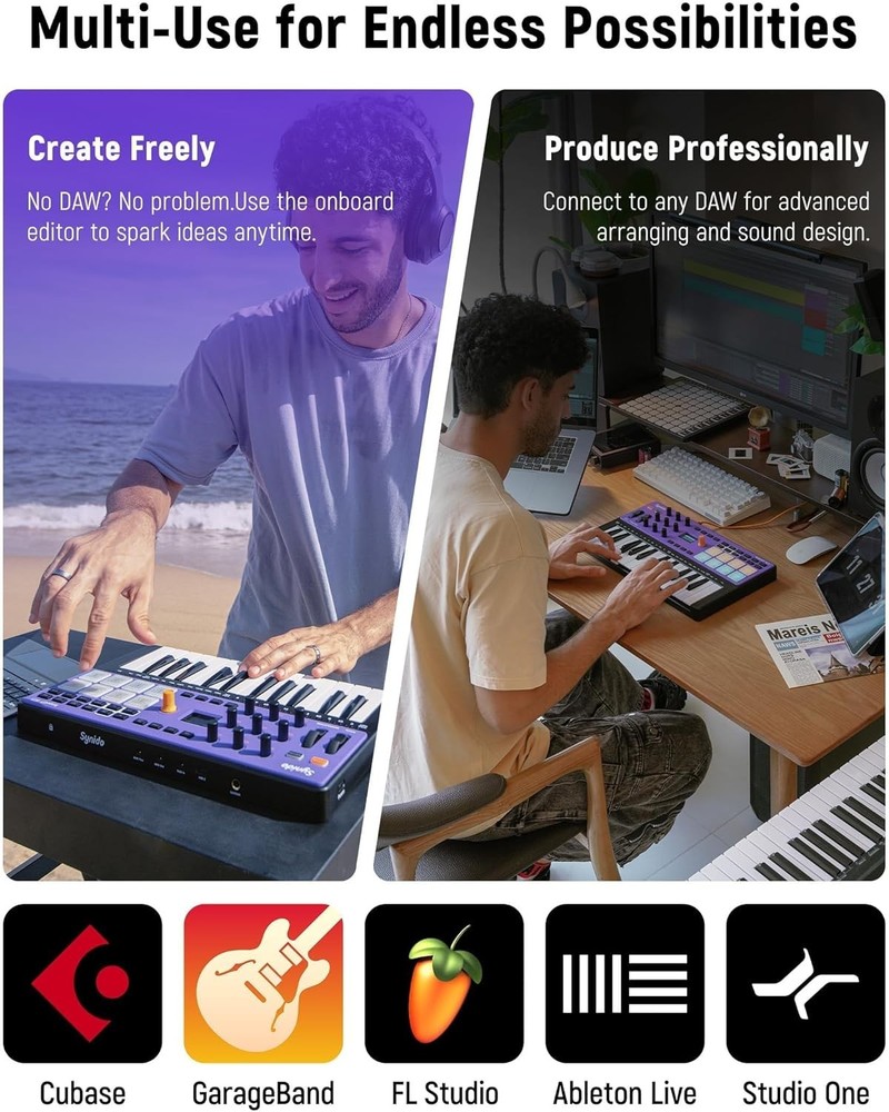 Synido USB C Rechargeable MIDI Controller Keyboard 25 Keys Wireless TempoKEY W25