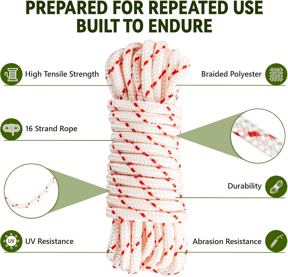 3 Pack 10 ft x 9/64 (3.5mm) Pull Cord Rope with Starter Handle White & Red
