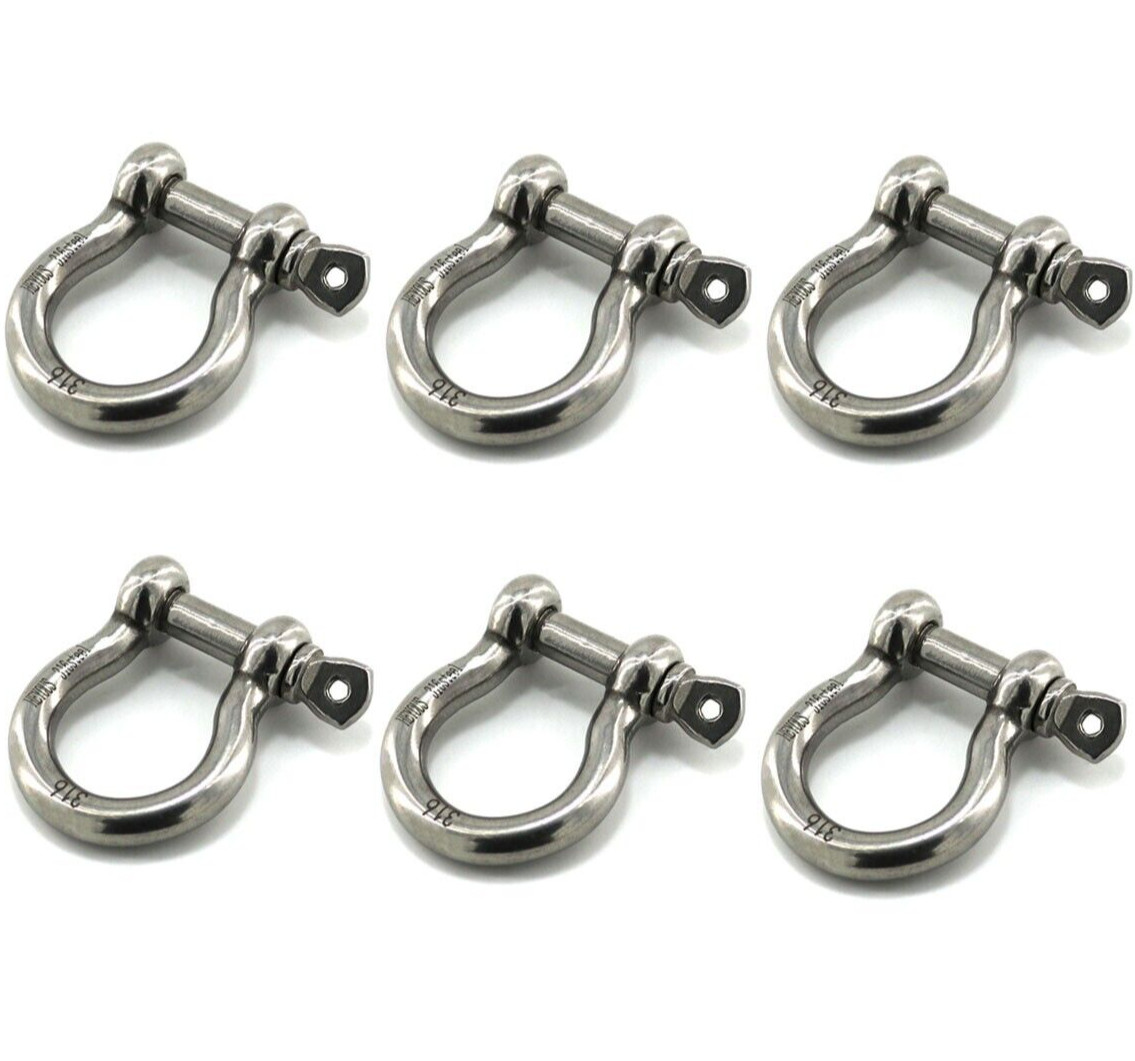6 Pack 1/4" Stainless Steel D-Ring Shackle Heavy Duty Screw Pin Anchor Shackle