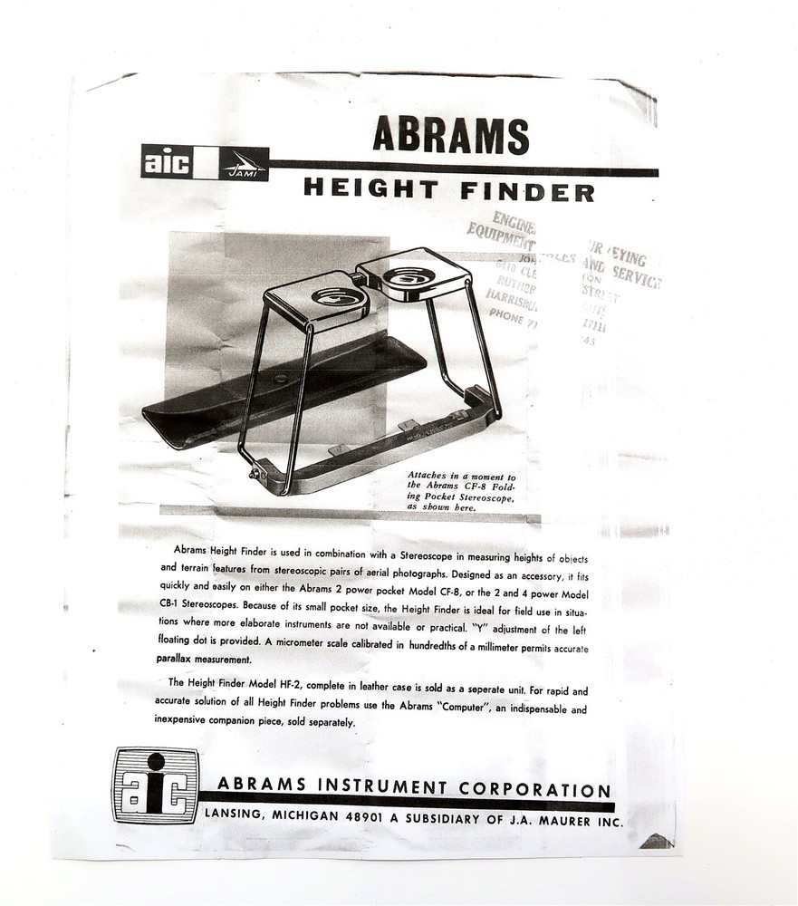 Abrams Height Finder Model HF-2 with Paperwork and Original Case