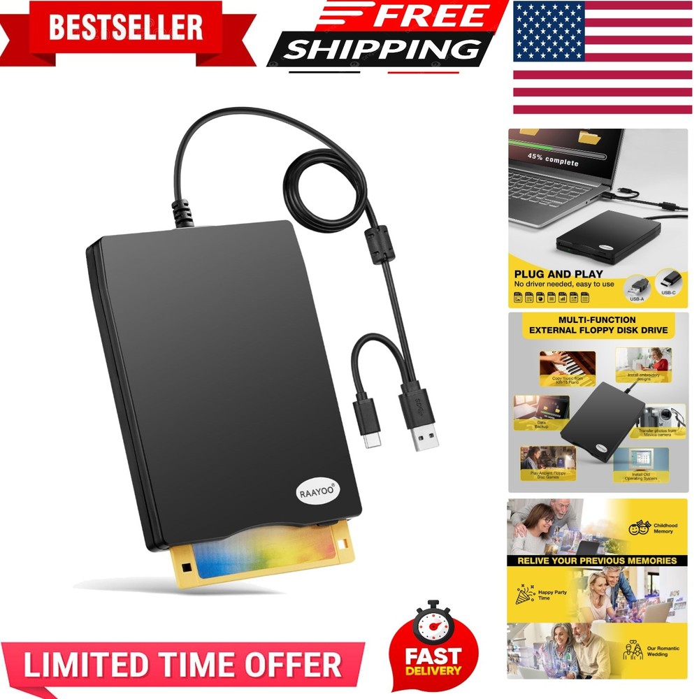 Floppy Disk Reader USB Type A/C Floppy Disk Drive/Player/Converter External 3...